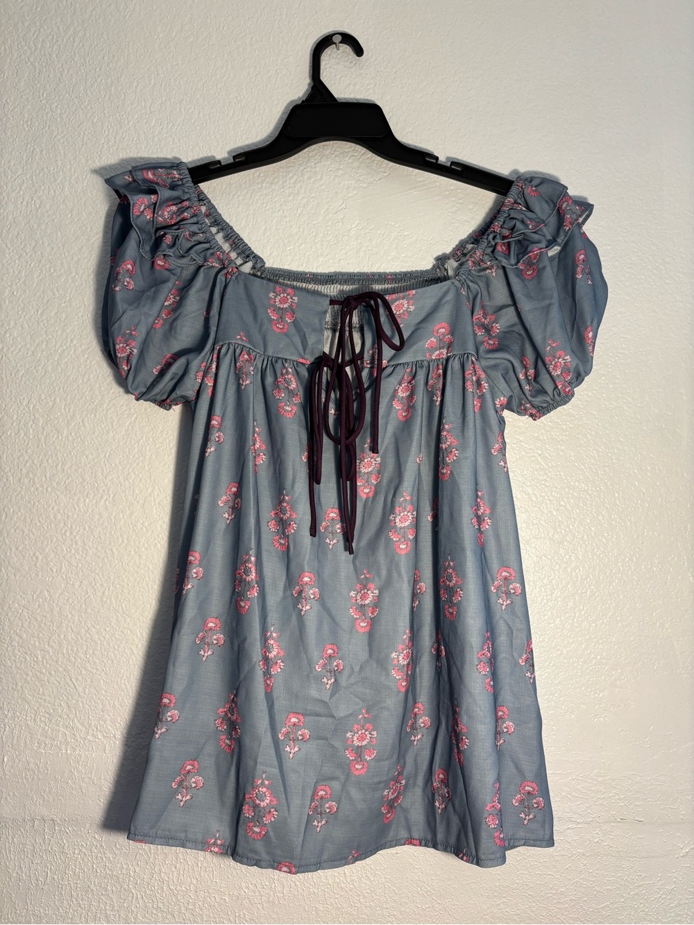 Women’s Blue Floral Peasant Nightdress with Pink Print